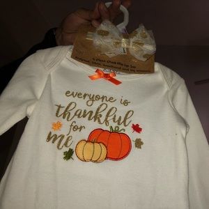 Baby’s Thanksgiving outfit so cute hair bow and leggings warmers